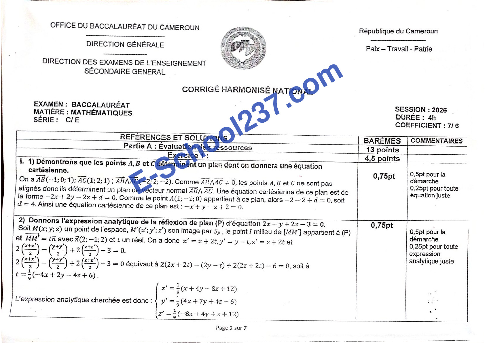 Corrigé Harmonisé nat maths Bac C 2026